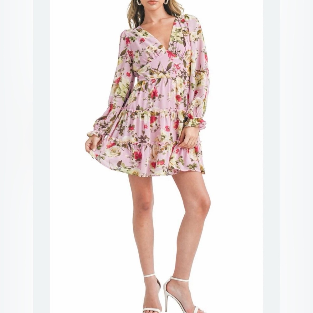 Lush Mauve Magenta Floral Open Back Mini Dress sheer long Sleeve Boho Size M NWT